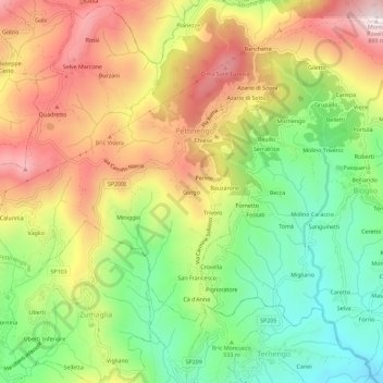 Mappa topografica Gurgo, altitudine, rilievo