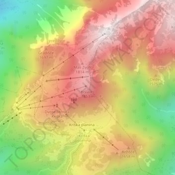 Mappa topografica Krvavec, altitudine, rilievo