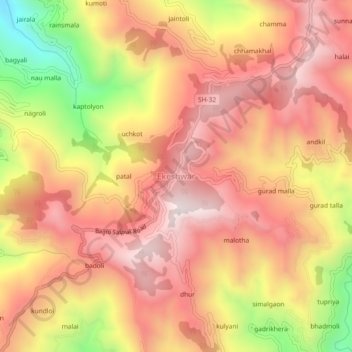 Mappa topografica Ekeshwar, altitudine, rilievo
