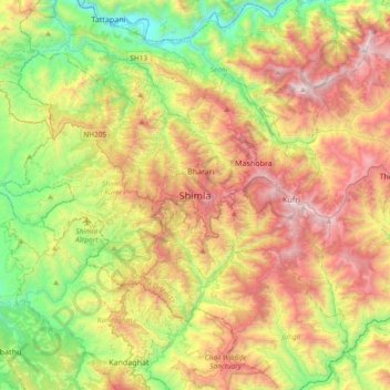 Mappa topografica Shimla, altitudine, rilievo