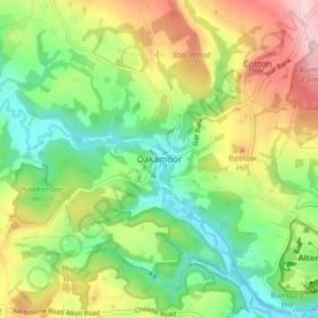 Mappa topografica Oakamoor, altitudine, rilievo