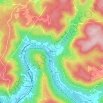 Mappa topografica Charmco, altitudine, rilievo