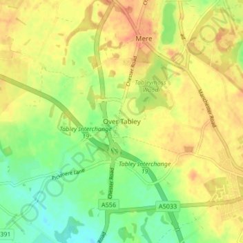 Mappa topografica Over Tabley, altitudine, rilievo
