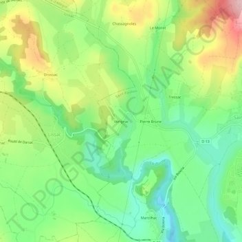 Mappa topografica Vérignac, altitudine, rilievo