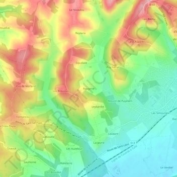 Mappa topografica Rougerie, altitudine, rilievo