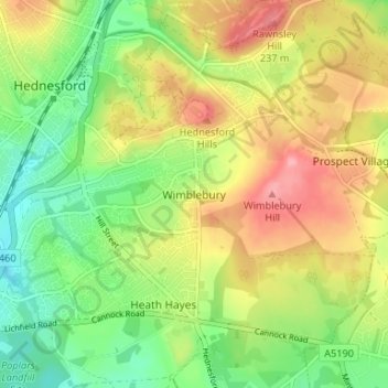 Mappa topografica Wimblebury, altitudine, rilievo