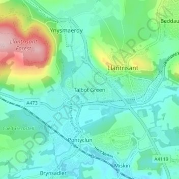 Mappa topografica Talbot Green, altitudine, rilievo