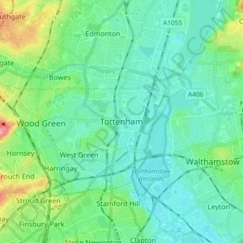 Mappa topografica Tottenham, altitudine, rilievo