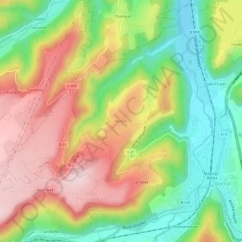 Mappa topografica Bussac, altitudine, rilievo