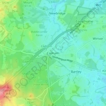 Mappa topografica Cadnam, altitudine, rilievo