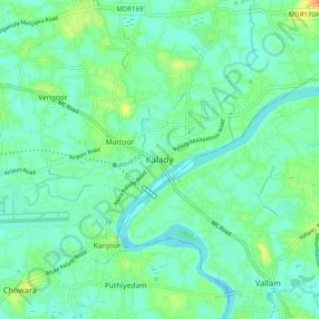 Mappa topografica Kalady, altitudine, rilievo