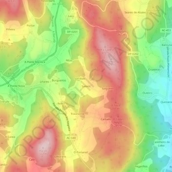 Mappa topografica Suevos, altitudine, rilievo