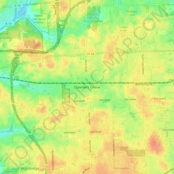 Mappa topografica Downers Grove, altitudine, rilievo