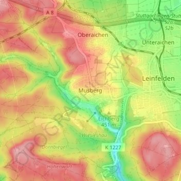 Mappa topografica Musberg, altitudine, rilievo