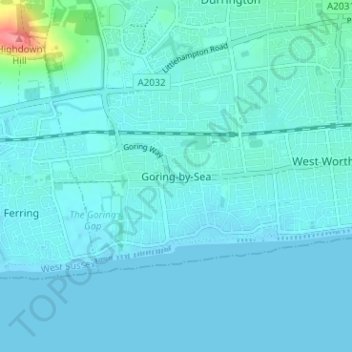 Mappa topografica Goring-by-Sea, altitudine, rilievo