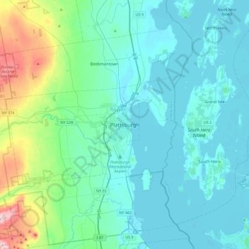 Mappa topografica Plattsburgh, altitudine, rilievo