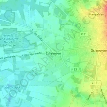Mappa topografica Zahrensen, altitudine, rilievo