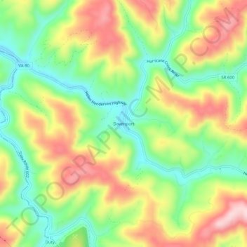 Mappa topografica Davenport, altitudine, rilievo