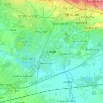 Mappa topografica Leigh, altitudine, rilievo