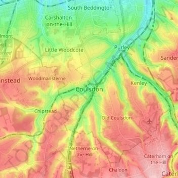 Mappa topografica Coulsdon, altitudine, rilievo