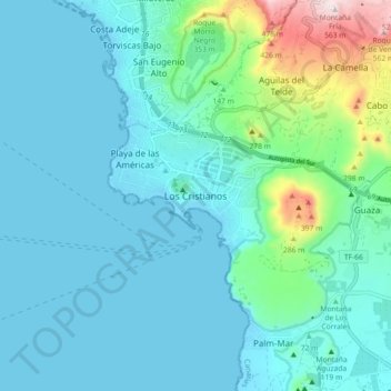 Mappa topografica Los Cristianos, altitudine, rilievo