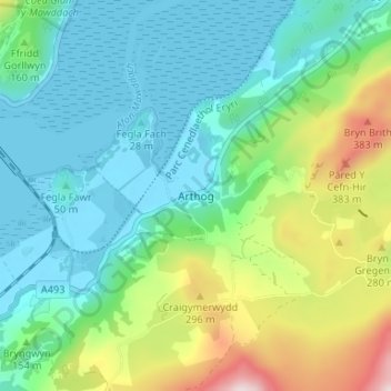 Mappa topografica Arthog, altitudine, rilievo