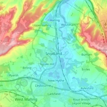 Mappa topografica Snodland, altitudine, rilievo