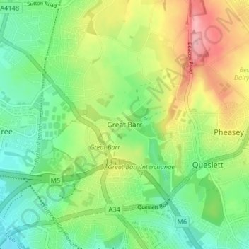 Mappa topografica Great Barr, altitudine, rilievo