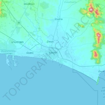 Mappa topografica Rayong, altitudine, rilievo