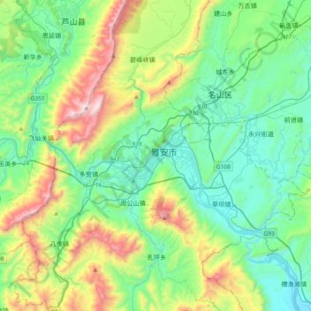 Mappa topografica 雨城区, altitudine, rilievo