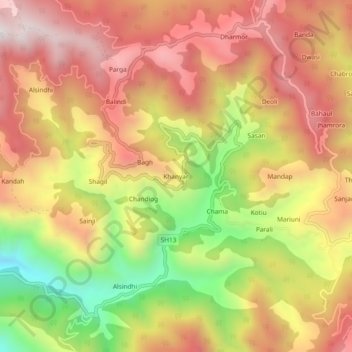 Mappa topografica Khanyar, altitudine, rilievo