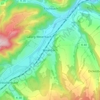 Mappa topografica Weierbach, altitudine, rilievo