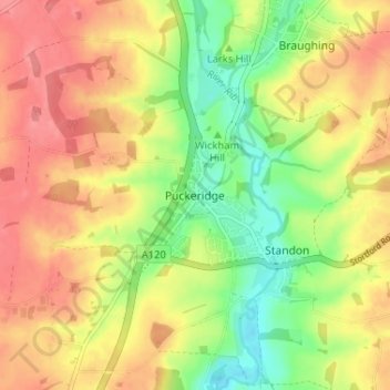 Mappa topografica Puckeridge, altitudine, rilievo