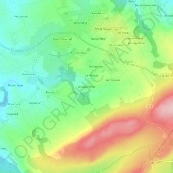 Mappa topografica Mougau Bihan, altitudine, rilievo