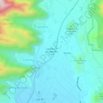 Mappa topografica Las Riberas del Valle Río Lurín, altitudine, rilievo