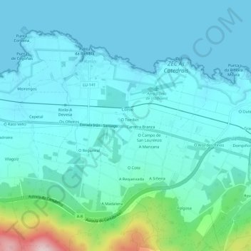 Mappa topografica O Tombín, altitudine, rilievo