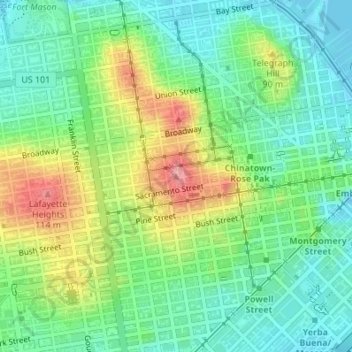 Mappa topografica Nob Hill, altitudine, rilievo