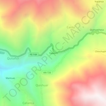 Mappa topografica Yupash, altitudine, rilievo