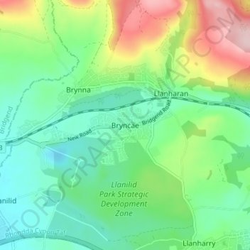 Mappa topografica Bryncae, altitudine, rilievo