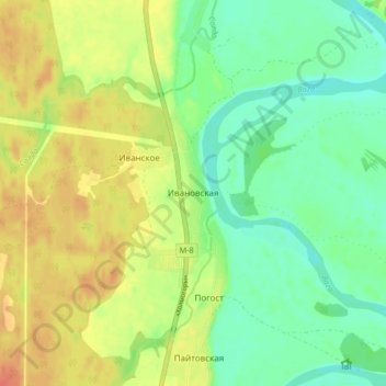 Mappa topografica Ivanovskaya, altitudine, rilievo
