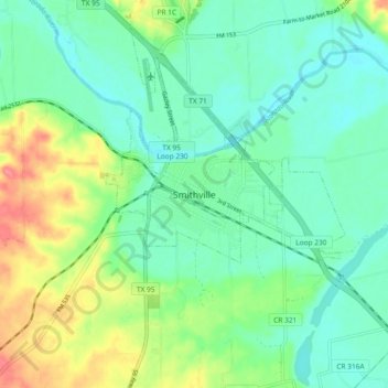 Mappa topografica Smithville, altitudine, rilievo