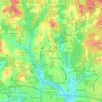 Mappa topografica Flatwoods, altitudine, rilievo