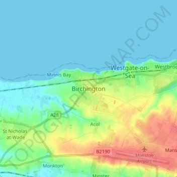 Mappa topografica Birchington, altitudine, rilievo
