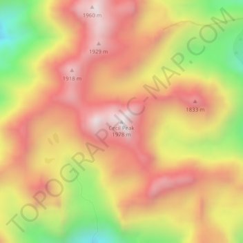 Mappa topografica Cecil Peak, altitudine, rilievo