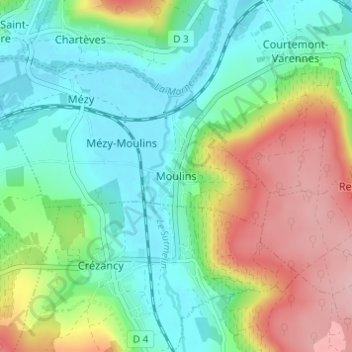 Mappa topografica Moulins, altitudine, rilievo