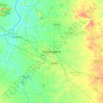 Mappa topografica Davanagere, altitudine, rilievo