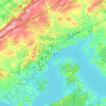 Mappa topografica Dandridge, altitudine, rilievo