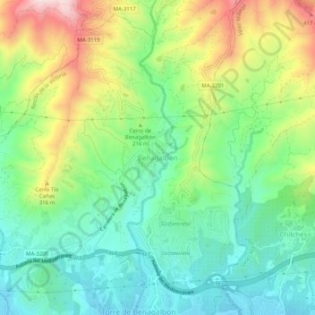 Mappa topografica Benagalbón, altitudine, rilievo