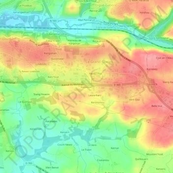 Mappa topografica Kerjaouen, altitudine, rilievo