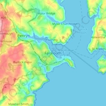 Mappa topografica Falmouth, altitudine, rilievo